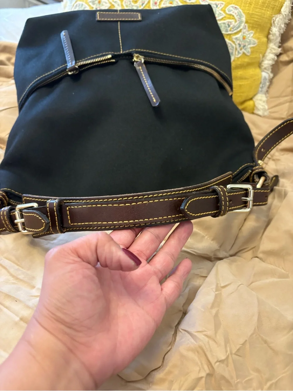Dooney & Bourke Black Canvas Shoulder Bag with Brown Leather Trim